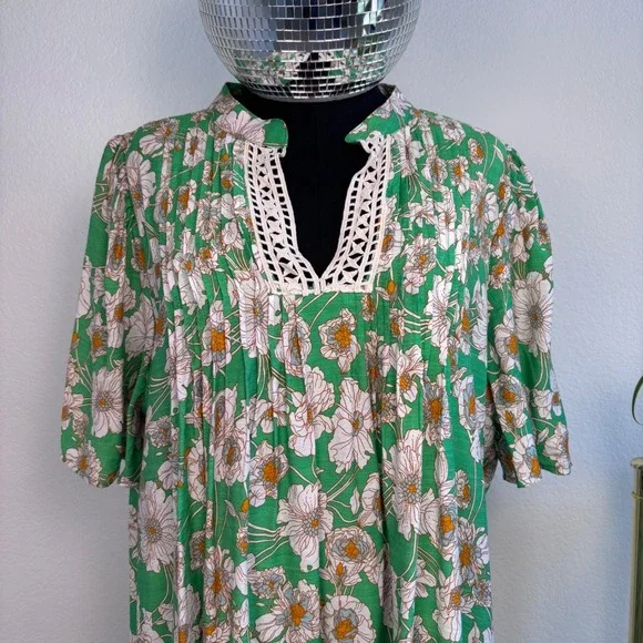 SHE + SKY Green Floral Split Neck Swing Dress 2XL Crochet trim dopamine dressing - Picture 12 of 16